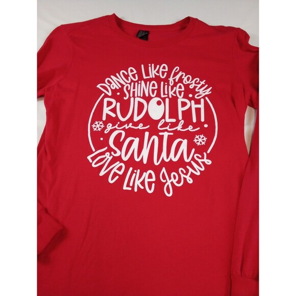 Women's /Junior Christmas Rudolph Santa Jesus Long Sleeve Red T-shirt Size Small - Picture 3 of 14